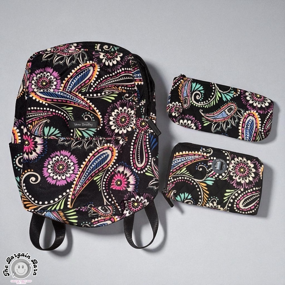 Vera Bradley Bandana Swirl Paisley Floral Retired 3pc Bag/Wallet/Pouch Set